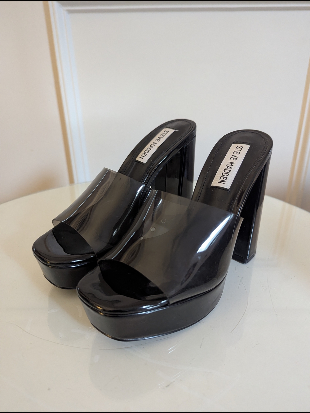 Steve Madden Black Clear Band Platform Mules